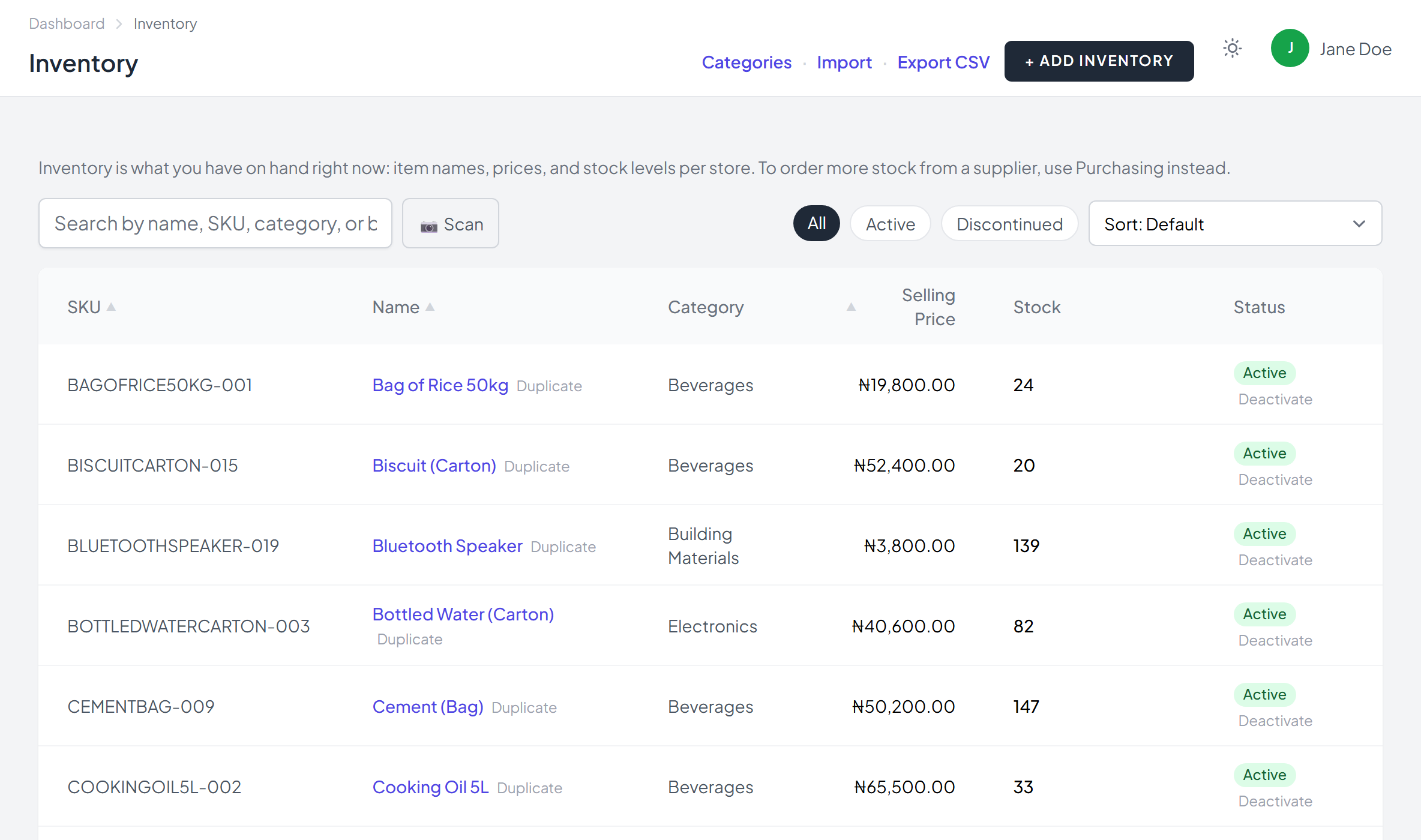 Inventory list showing SKUs, categories, selling prices, and live stock counts per item